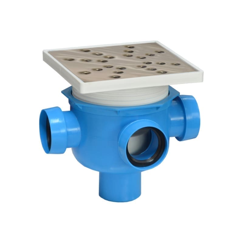 VALEasy floor drain siphon, PP, 3 inlets, Ø40, 1 outlet Ø50, vertical, 145×145 frame, H=103–140, stainless steel grate